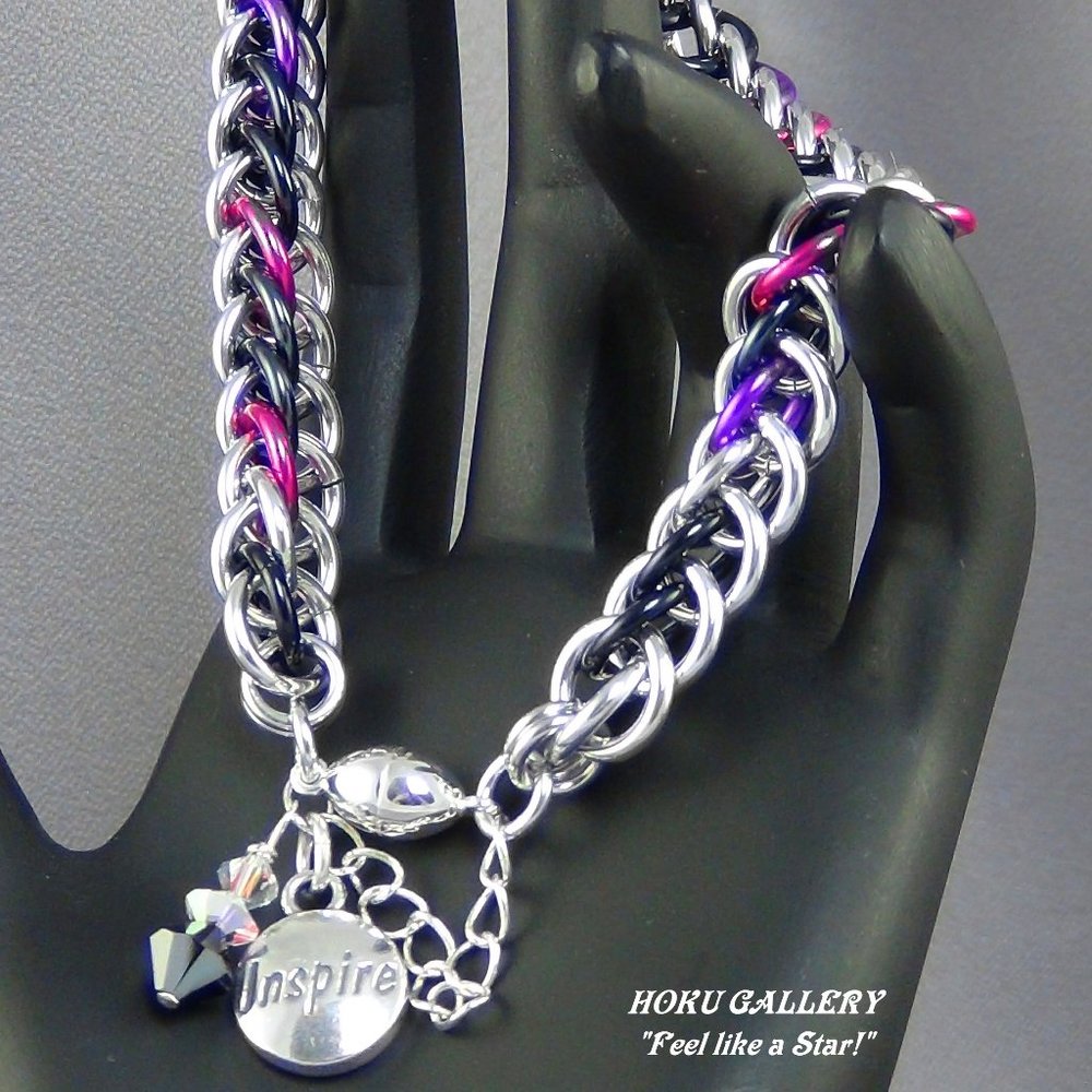 NWOT Bracelet of Silver Black Pink Purple Rings SS Magnetic Clasp Handmade 7.25"